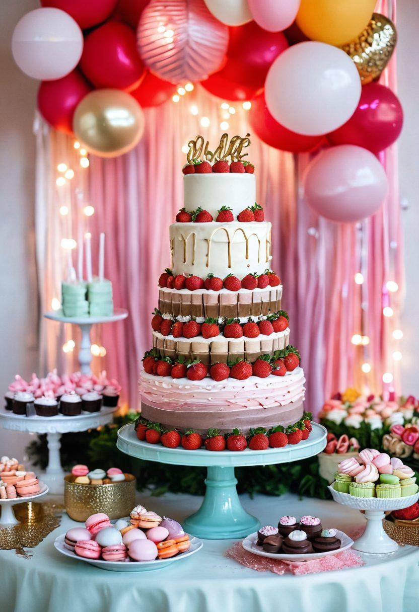 A whimsical dessert table overflowing with enticing sweets; include seductive chocolate-covered strawberries, delicate macarons in vibrant colors, and a tiered cake adorned with luscious frosting and playful decorations. The background features soft, dreamy pastel hues to evoke a flirty atmosphere, with subtle sparkles and twinkling fairy lights to enhance the enchanting scene. playful and charming. vibrant colors. soft background.