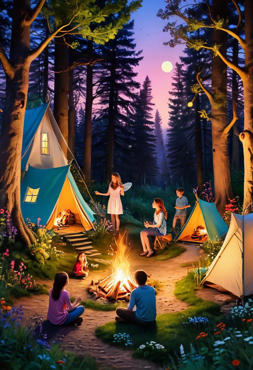 A whimsical scene depicting a group of young friends joyfully exploring an enchanting forest, filled with vibrant wildflowers and playful creatures. They are engaging in cheeky antics like playing pranks or laughing around a campfire, embodying the spirit of youthful indulgence. The atmosphere is lively and adventurous, with twinkling fairy lights in the trees and a sunset casting a warm glow over the landscape. colorful and playful. illustration style.