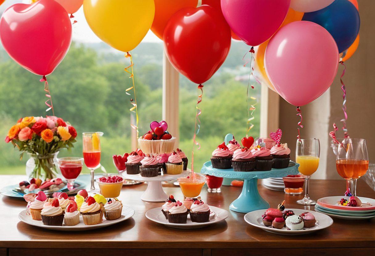 A whimsical, colorful table setting with decadent desserts, such as cupcakes, macaroons, and chocolate fondue, surrounded by playful, flirty accessories like heart-shaped balloons and playful confetti. In the background, a vibrant sunset casts a warm glow, hinting at a youthful party atmosphere. Include elements of cheeky flirtation, such as winking emojis and playful text. Abundant with colors and whimsical charm. vibrant colors. 3D.